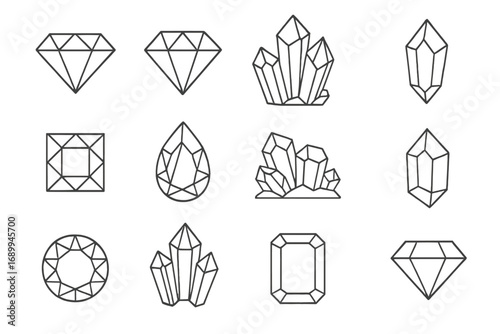 Diamond and gem outline icon set. Collection of crystal and precious stone vector signs. Jewelry, brilliant, emerald cut shapes. Luxury mineral and jewel thin line art illustration.