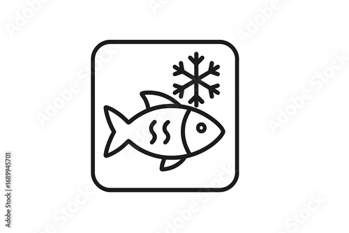 Frozen fish line icon. Seafood freezer symbol. Minimalist pictogram for food packaging, grocery store label. Fresh fish with snowflake sign. Cold storage vector illustration.