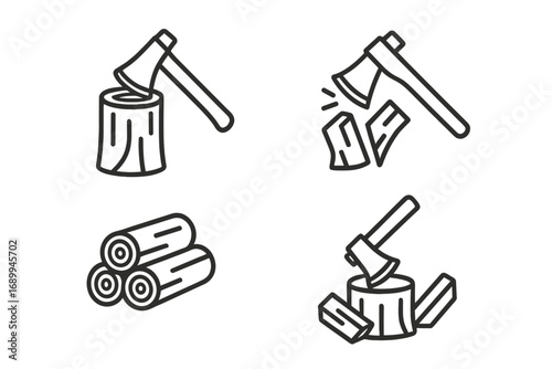 Lumberjack icon set for logging and forestry. Includes axe chopping wood, tree stump, and firewood logs. Modern outline style vector symbols for UI and graphic design.