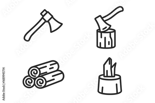 Axe and firewood chopping outline icon set. Vector linear icons for woodcutting, lumber, and forestry. Modern minimalist symbols of a log, stump, and kindling.