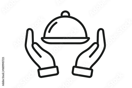 Hands holding food tray cloche line icon. Restaurant service, catering business, and gourmet dining concept. Vector outline symbol for web, apps, menu, and hospitality logo.