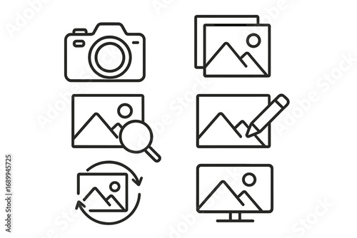 Photo Camera, Image Editing, and Photography Icons Collection. Editable Stroke Vector for Infographics, Creative Projects, Digital Media, Web Design, Articles, Flyers, Banners, Presentations