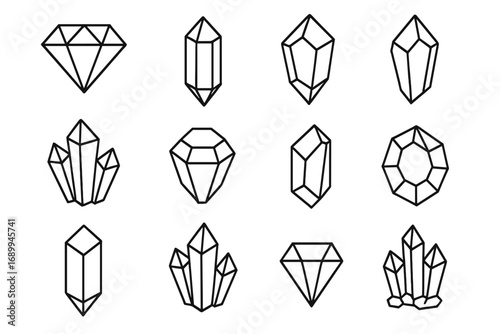 Diamond gem crystal icon set. Thin line art collection of precious stones and minerals. Geometric jewelry logo symbols. Vector illustration for luxury, esoteric, or healing concepts.