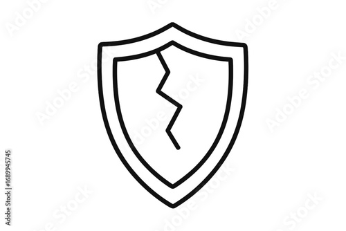 Broken shield icon. Vulnerability, weakness concept. Unsafe, insecure symbol. Security breach, data leak metaphor. No protection, defense fail. Simple line vector illustration.
