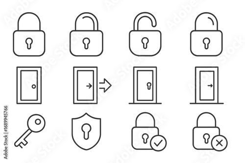 Lock line icon pack. Door security outline padlock symbols for graphic and web design. Cartoon padlocks, lock concepts, entry access icons for app adverts, cards, transparent vector illustration set.