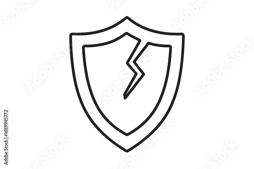 Cracked shield icon. Concept of vulnerability, risk, and failed security. Unprotected and insecure symbol. Data breach, cyber attack metaphor. Thin line vector illustration.