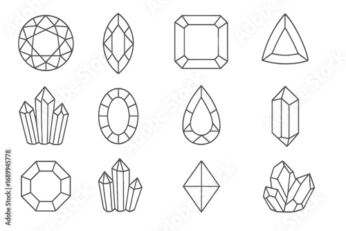 Diamond gem collection of outline signs. Crystal and jewel vector line icons set. Precious stone shapes. Jewelry symbols for logo design, brilliant, emerald, marquise cut.