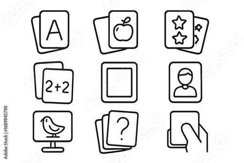 Flashcards line icon set. Early childhood education, preschool learning. Alphabet, math, quiz game symbols. Vector outline pictogram collection for apps, web design, infographics.