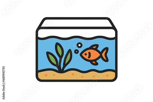 Aquarium icon. Goldfish in fish tank. Pet care concept. Vector illustration. Simple flat design. Fishbowl with water, plant. Aquatic animal life. Underwater hobby. Marine.