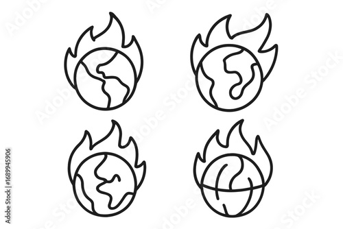 Planet on Fire Line Icon Bundle, Earth in Flames Outline Symbols for Graphic Design, Apps, Advertisements, Various Cards, Vector Cartoon Illustration with Transparent Background Set of 4