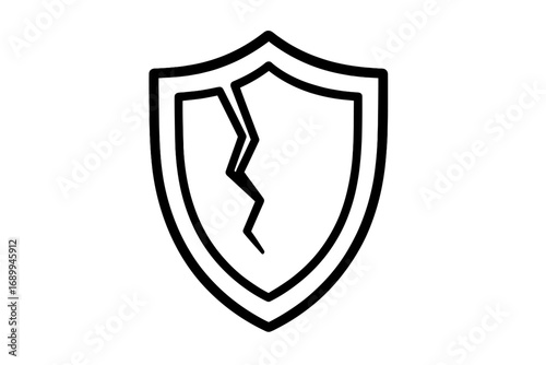 Cracked shield icon. Concept of vulnerability, risk, and broken protection. Symbol of failed security, data breach, or cyber attack. Unsafe, danger, and damage vector.