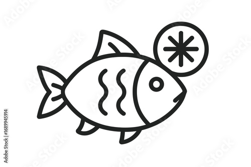 Frozen fish line icon. Seafood product with snowflake symbol. Vector outline illustration for grocery store, food packaging, menu. Fresh fish market concept. Cold food pictogram.