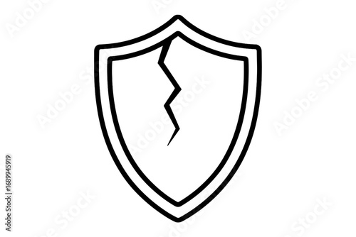 Cracked shield outline icon. Concept of vulnerability, broken security, and failed protection. Unsafe, risk, and danger symbol. Data breach, system error, weak defense.
