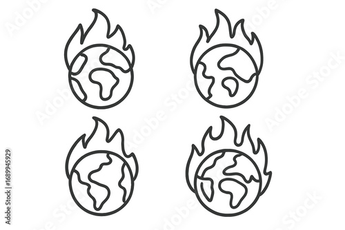 Planet on Fire Line Icon Bundle, Outline Earth Symbols for Graphic, Web Design, Apps, Advertising, Environmental Crisis Awareness, Climate Change, Vector Cartoon Illustration Transparent Background