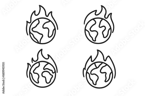 Planet on Fire Line Icon Bundle, Outline Earth Globe in Flames, Environmental Crisis Concept, Climate Change Symbol, Graphic and Web Design Elements, Apps, Adverts, Cards, Vector Cartoon Illustration