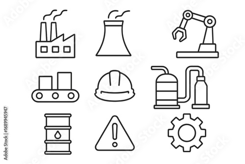 Industrial factory outline icon set. Manufacturing, automation, oil, production, engineering, safety helmet, refinery, assembly line, warning, cog gear. Editable vector isolated graphic pack.