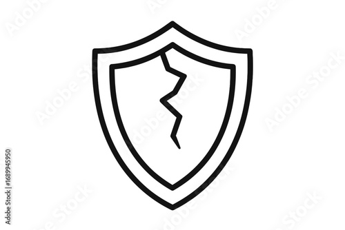 Cracked shield icon concept of broken security and vulnerability. Damaged defense symbol. Metaphor for data breach, risk, failure and unprotected system. Vector outline illustration.