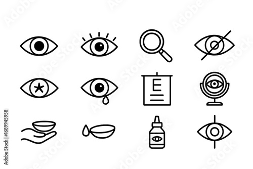 Modern Eye Icon Set. Line outline symbols for optometry, ophthalmology, eye care, vision tests, eyewear, sight correction, lens, drops, and medical design. Vector isolated transparent background.