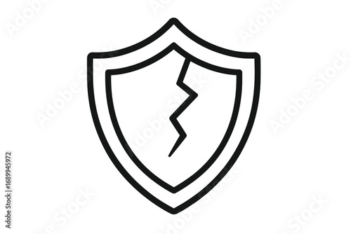 Broken shield icon vector. Cracked security symbol. Concept of vulnerability, data breach, danger, and unprotected system. Metaphor for failure, risk, and weakness.