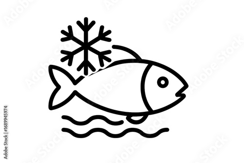 Frozen fish outline icon. Seafood symbol for packaging, logo or label. Concept of food freezing, storage, and freshness. Cold temperature, ice crystal, and water wave vector.
