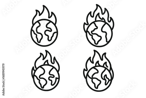 Planet on Fire Line Icon Pack, Earth on Fire Outline Vector Symbols for Graphic and Web Design, Apps, Advertisements, Environmental Crisis Concept, Transparent Background, Set of 4