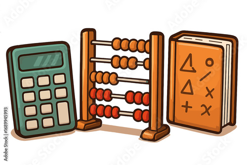 Mathematics education tools concept. Cartoon vector set with calculator, classic wooden abacus and textbook for learning arithmetic, algebra or accounting. School supplies icon.