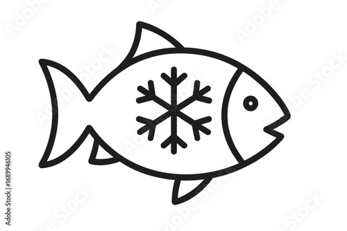 Frozen fish outline linear symbol, cartoon fish with snowflake, cold seafood icon for graphic design, web, apps, adverts, cards, transparent background vector illustration