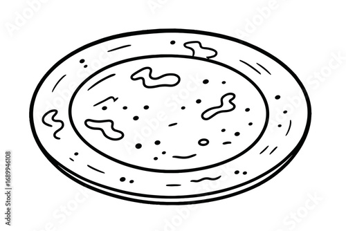 Dirty plate outline vector illustration. Messy dish with food leftovers and crumbs after eating. Unwashed kitchenware cartoon icon for hygiene or cleaning concepts.