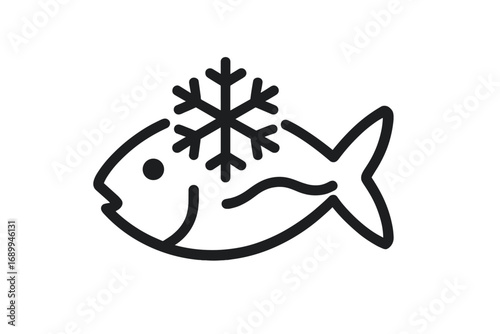 Frozen fish outline sign with snowflake, vector cartoon illustration for graphic design, web design, apps, adverts, marketing, seasonal and seafood projects, transparent background