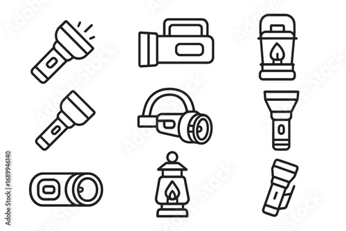 Camping flashlights and lantern thin line icon set. Outline vector illustrations for graphic and web design. Emergency torch, handheld lamp, outdoor lighting equipment, portable lights, camping gear