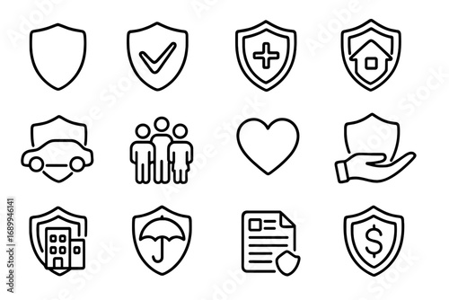 Shield Insurance Line Icon Set, Outline Insurance and Protection Icons, Car Health Life Home Financial Security Symbols, Editable Stroke Vector for Web Design Apps Advertising Transparent Background