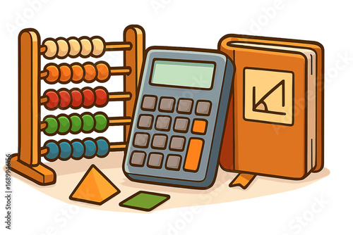 Math education concept with calculator, abacus, textbook. School supplies for learning arithmetic and geometry. Back to school cartoon vector illustration isolated on white.