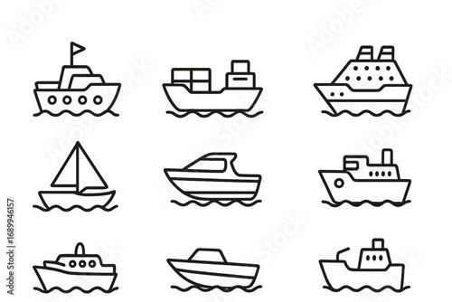 Ship Boat Line Icon Collection. Outline Nautical Symbols Set for Graphic Design, App User Interface, Web, Advertising, Card Decor. Vector Cartoon Transportation Illustrations, Transparent Background
