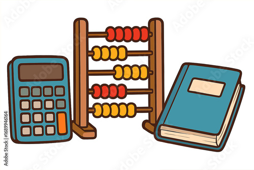 Educational tools for math study. Set of cartoon vector icons with calculator, abacus, and book. Concept for mathematics, learning, school, arithmetic, accounting, finance.