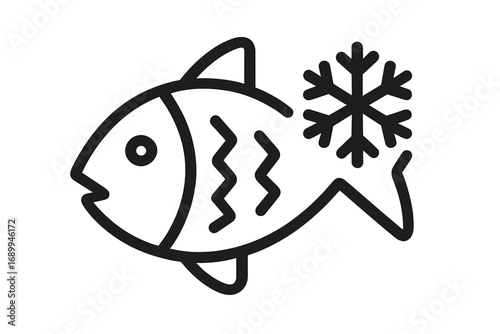 Frozen fish outline sign icon for graphic web design, app interfaces, advertising, branding, winter seafood concept, cold storage symbol, vector cartoon illustration