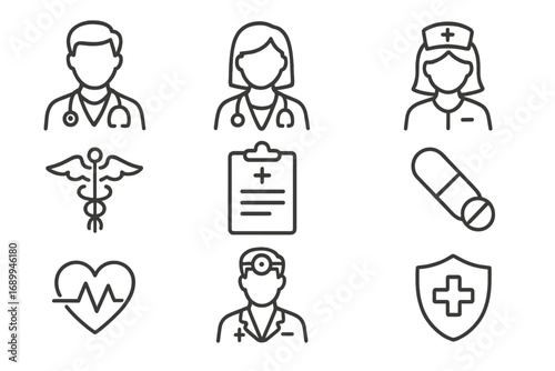Doctor and nurse line icon set. Medical staff avatars. Healthcare concepts. Caduceus, cardiogram, clipboard, pill, shield. Editable stroke vector for hospital, clinic, web, app.