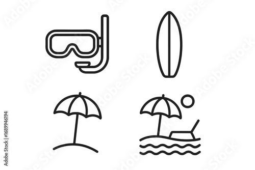 Beach vacation line icons set. Diving mask, surfboard, beach umbrella, lounger and sun. Outline symbols for web, graphic design, travel agency, summer resort, leisure, sea, water sports, adventure.