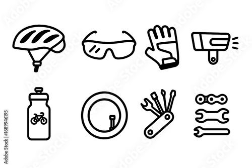 Bike equipment and repair tool icon set. Vector line art collection for cycling safety and maintenance. Essential gear including helmet, glasses, gloves, light, bottle, tube, multi-tool.