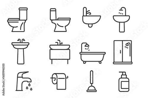 Bathroom and toilet thin line icon set. Vector symbols of plumbing, hygiene, and sanitary ware. Outline icons of toilet, sink, shower, bath, and faucet for web design.