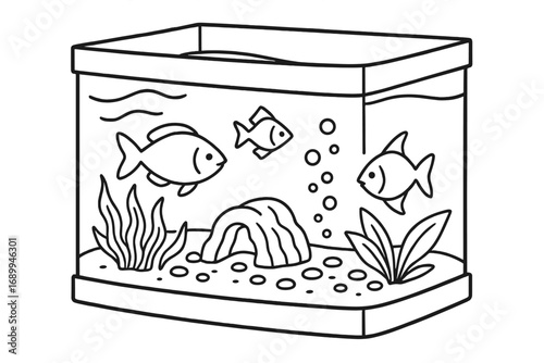 Aquarium line icon concept. Fish tank symbol with fish, water plants and bubbles. Pet shop logo. Home animal hobby. Vector cartoon illustration for graphic, web, app design.