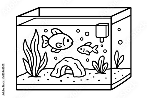 Aquarium line art icon. Fish tank with fish, plants, and filter. Vector cartoon illustration for pet shop, hobby, or app symbol. Underwater scene outline for coloring book page.