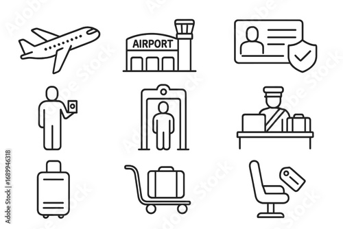 Airport travel linear icon set. Flight, security, and luggage line icons. Vector collection of passenger, passport control, airplane, terminal, and baggage symbols for aviation.