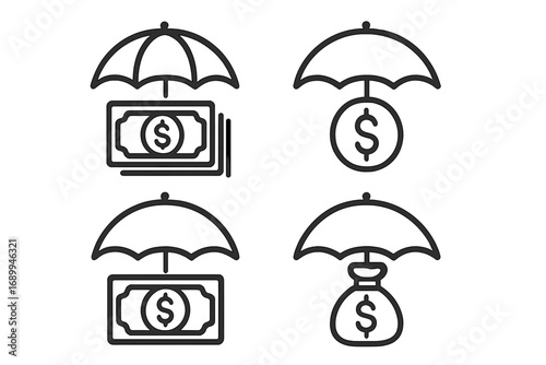 Money protection umbrella icons set. Financial security symbols with dollar bills, coin, and money bag under umbrellas. Insurance, savings, banking, investment concepts. Vector outline design.