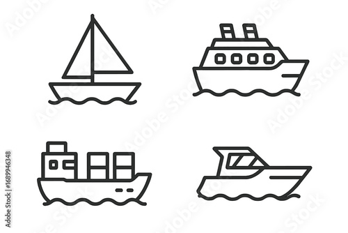 Modern outline vector icons of ship types collection. Sailboat, cruise ship, cargo vessel, motor yacht. Nautical transport symbols for app, web, print. Isolated line style marine illustration set.