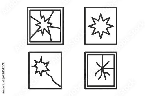 Set of Broken Window Line Icons, Cracked Glass Symbols, Outline Signs for Graphic, Web Design, Apps, Adverts, Cards, Vector Cartoon Illustration Transparent Background