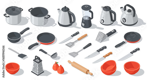 Isometric view of various kitchen utensils and cookware.