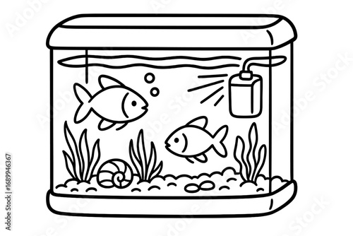 Aquarium vector line icon. Cartoon fish tank illustration. Simple doodle of pet fish in water with plants and filter. Aquatic life symbol. Outline graphic for app, web.