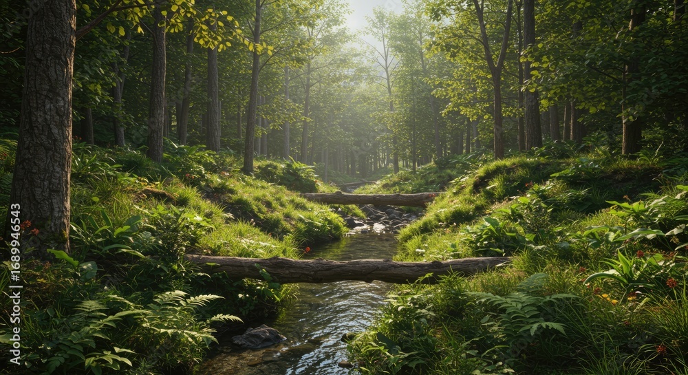Fototapeta premium Serene Forest Stream with Fallen Logs and Lush Greenery