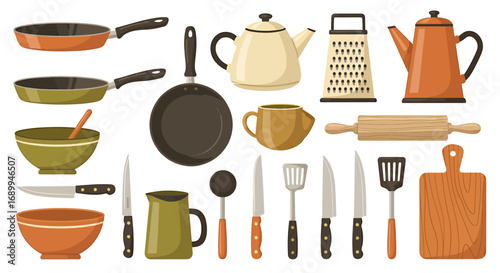 Collection of various kitchen utensils and cookware, perfect for culinary activities.
