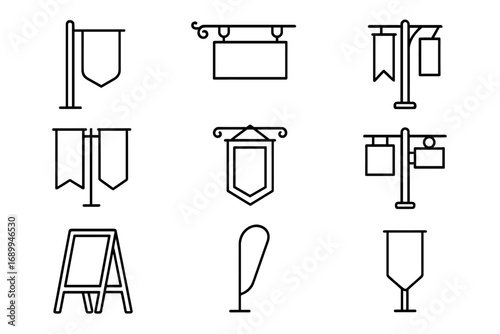 Collection of flags, banners, and signs line icons. Set of various advertising signboards, medieval pennants, and teardrop flags. Vector outline symbols for web and graphic design.